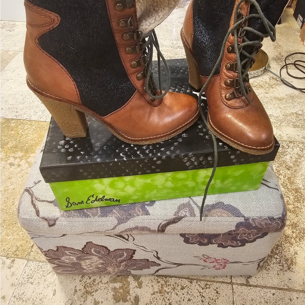 Sam Edelman Brown Leather and Black Lace-Up Heeled Boots